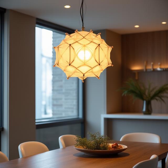 An artistic geometric pendant light fixture hanging over a dining table.